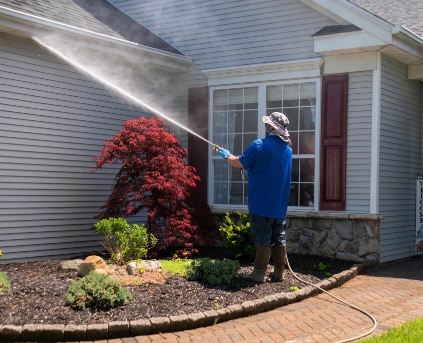 Person power washing the side of their house